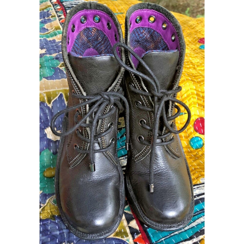 Bionica Black Leather Ankle Boots Women's Size 7 Lace Up Decorative Zip Comfort